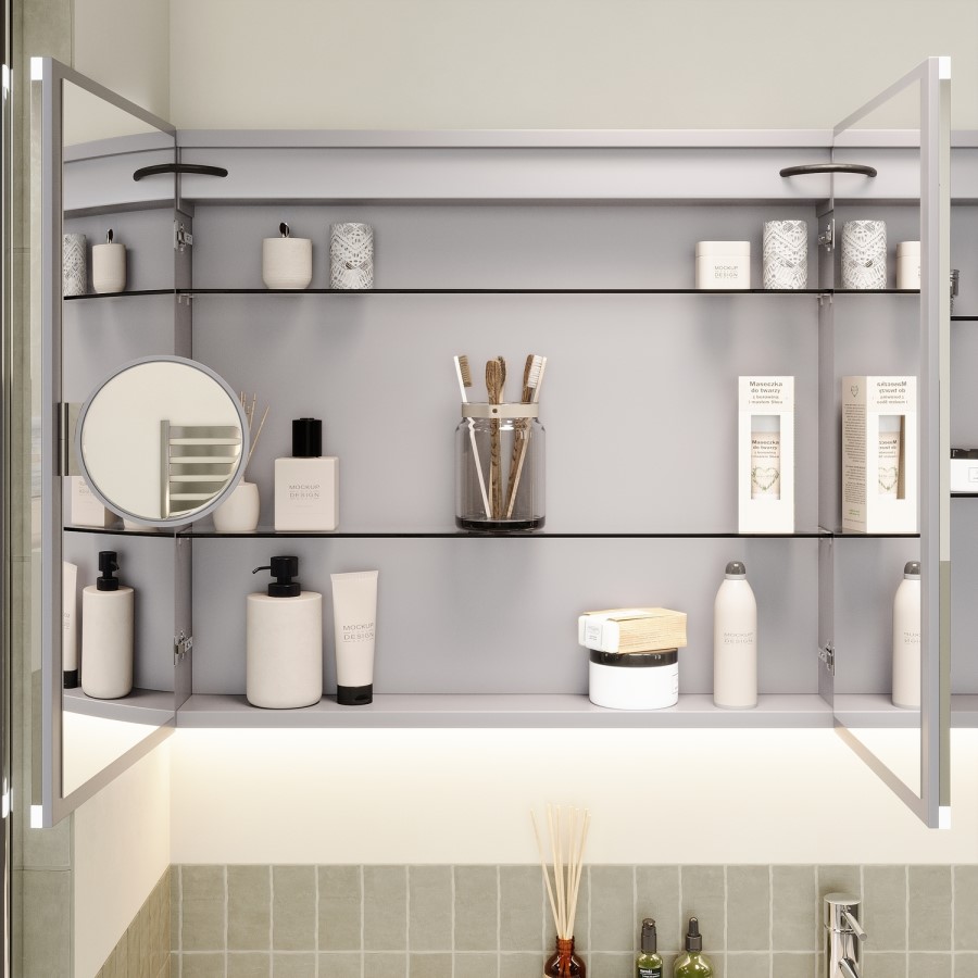 Double Door Chrome Bathroom Mirror Cabinet with Lights Bluetooth Speaker & Demister 800 x 700mm - Ursa