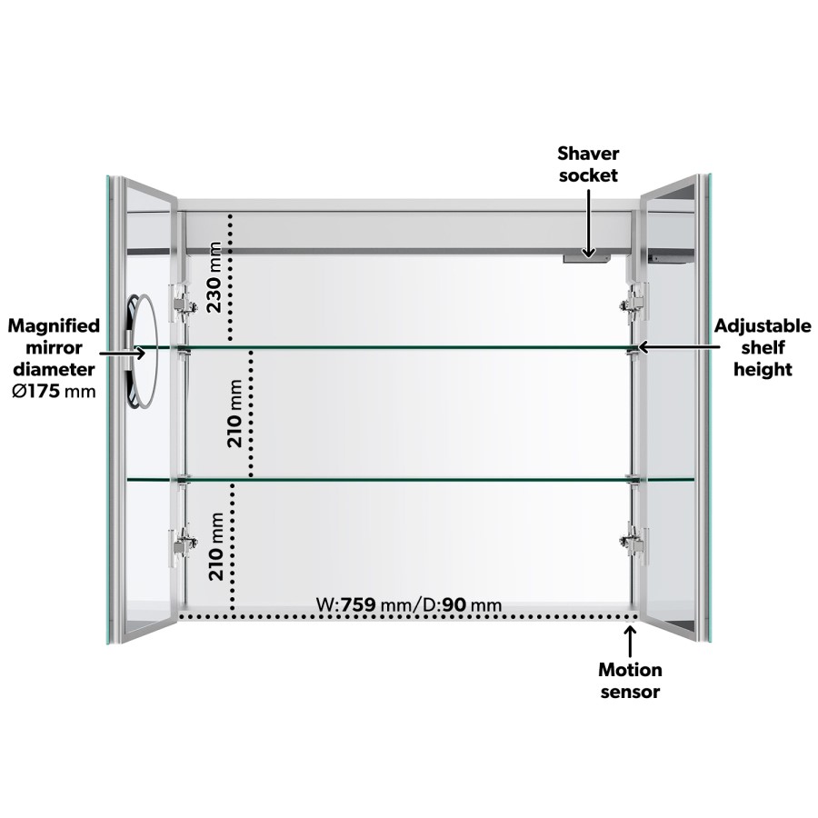 Double Door Chrome Bathroom Mirror Cabinet with Lights Bluetooth Speaker & Demister 800 x 700mm - Ursa