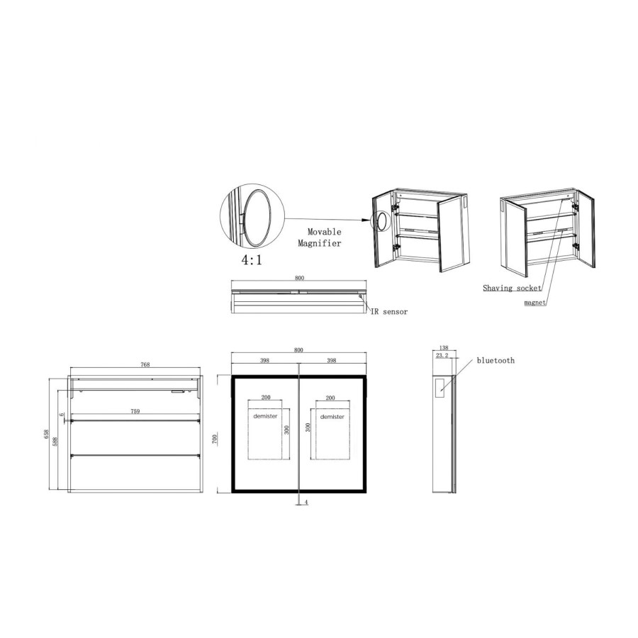 Double Door Chrome Bathroom Mirror Cabinet with Lights Bluetooth Speaker & Demister 800 x 700mm - Ursa