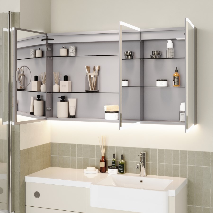 Triple Door Chrome Bathroom Mirror Cabinet with Lights Bluetooth Speaker & Demister 1200 x 700mm - Ursa