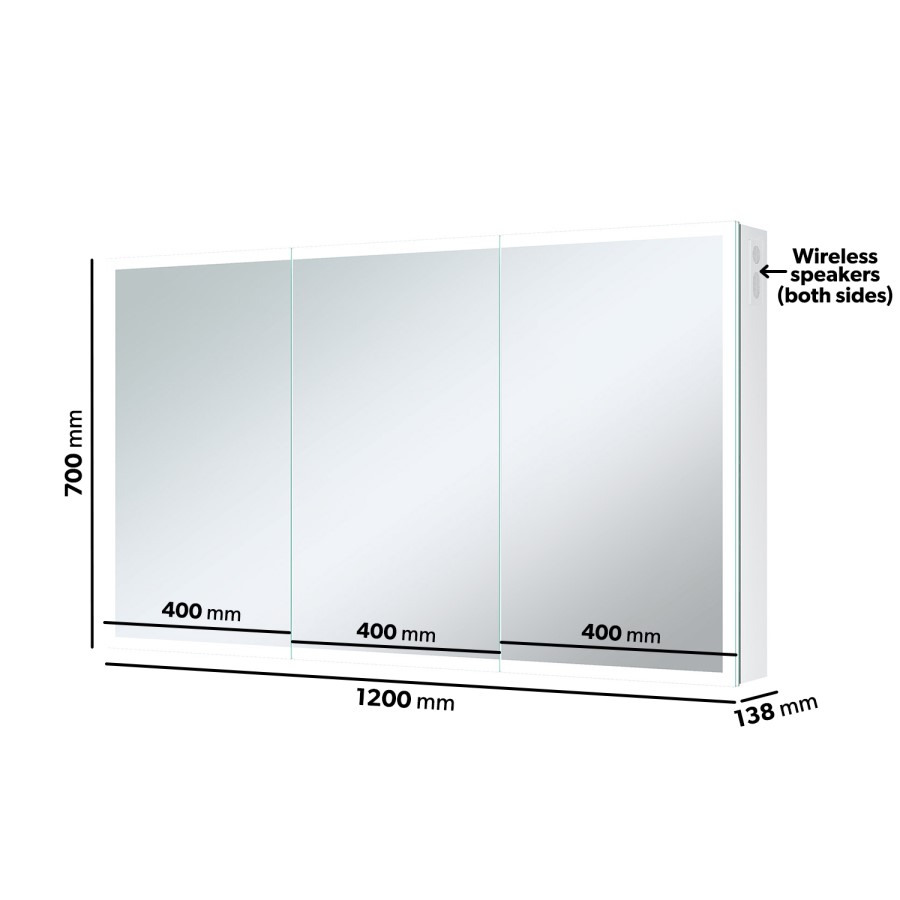 Triple Door Chrome Bathroom Mirror Cabinet with Lights Bluetooth Speaker & Demister 1200 x 700mm - Ursa
