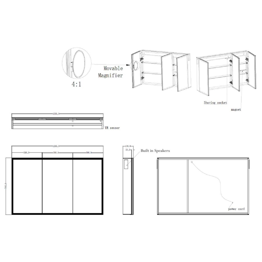 Triple Door Chrome Bathroom Mirror Cabinet with Lights Bluetooth Speaker & Demister 1200 x 700mm - Ursa