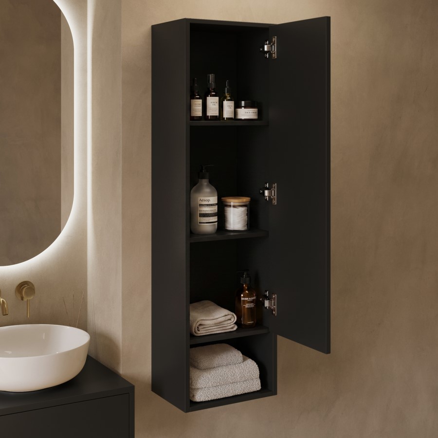 Single Door Black Wall Mounted Tall Bathroom Cabinet 350 x 1250mm - Lugo