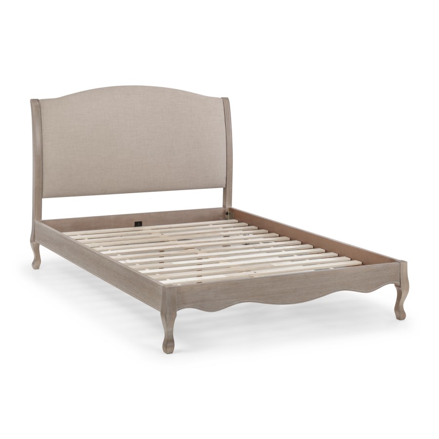 Oatmeal Fabric and Oak Wooden Super King Bed Frame - Camille