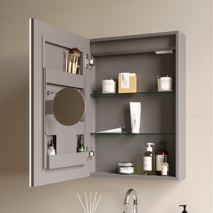 Single Door Chrome Bathroom Mirror Cabinet with Lights & Shaver Socket 500 x 700mm - Celeste