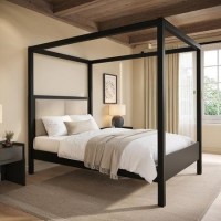 Double Four Poster Bed in Black with Linen Headboard - Charlotte