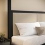 Double Four Poster Bed in Black with Linen Headboard - Charlotte