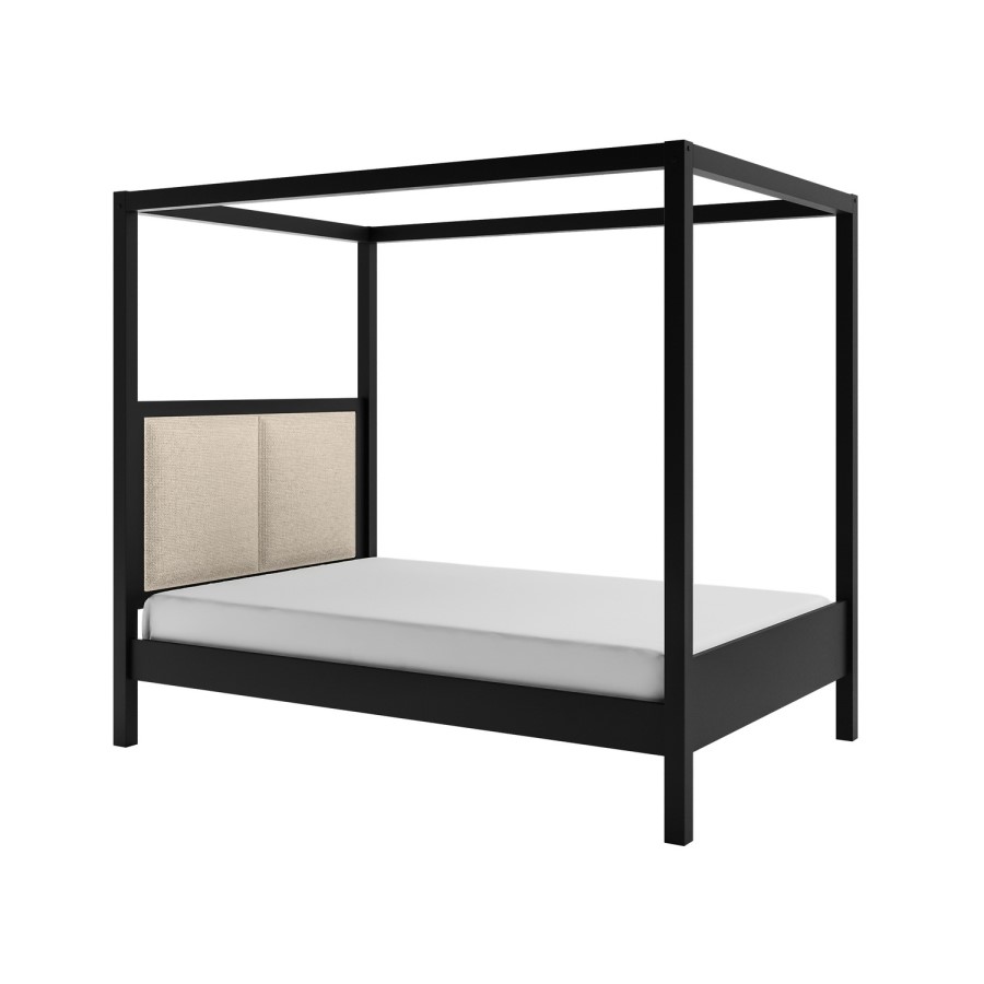 Double Four Poster Bed in Black with Linen Headboard - Charlotte