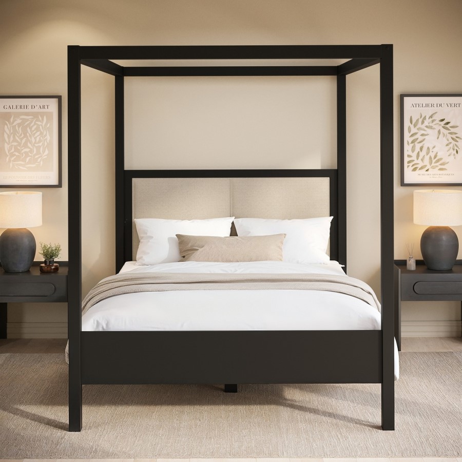 King Size Four Poster Bed in Black with Linen Headboard - Charlotte