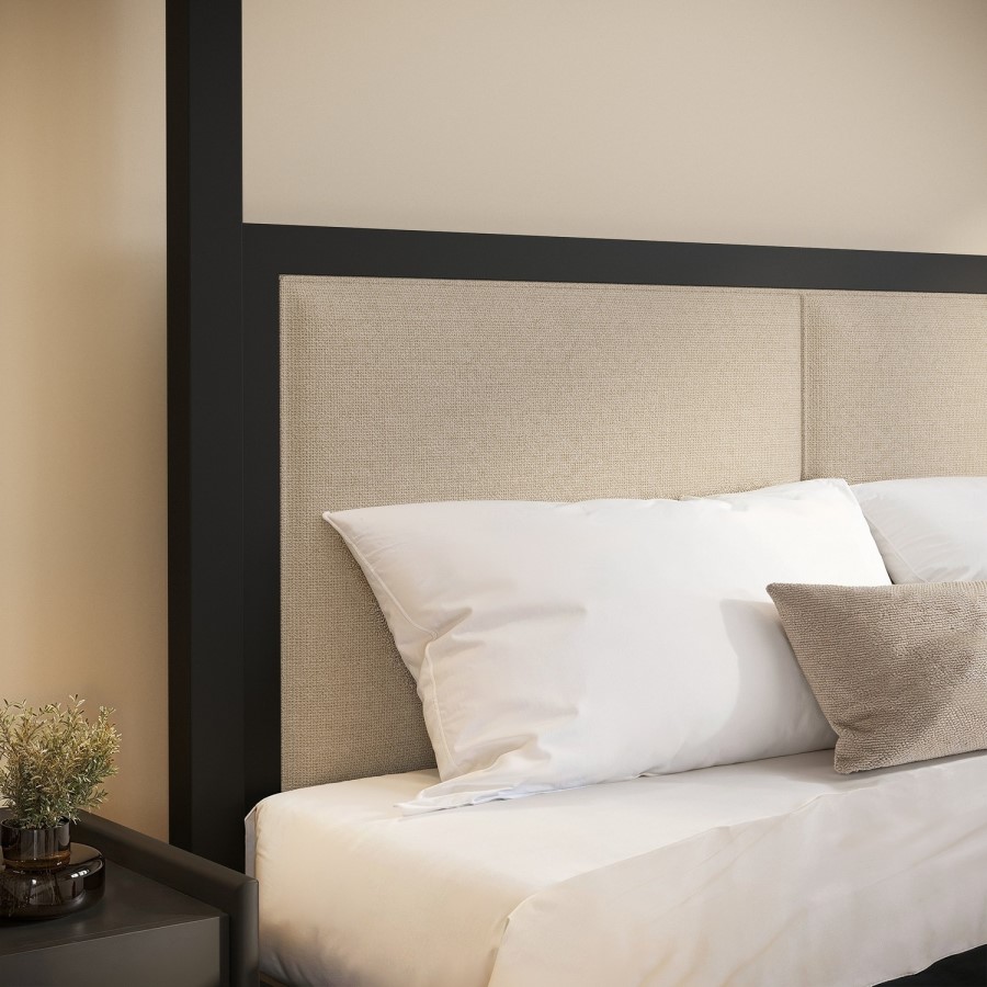 Super King Four Poster Bed in Black with Linen Headboard - Charlotte