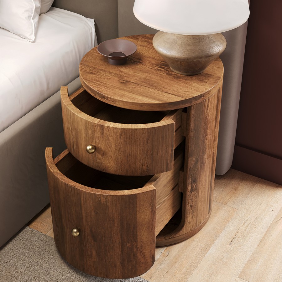 Mango Wood Round 2 Drawer Bedside Table - Full Assembled - Chakra