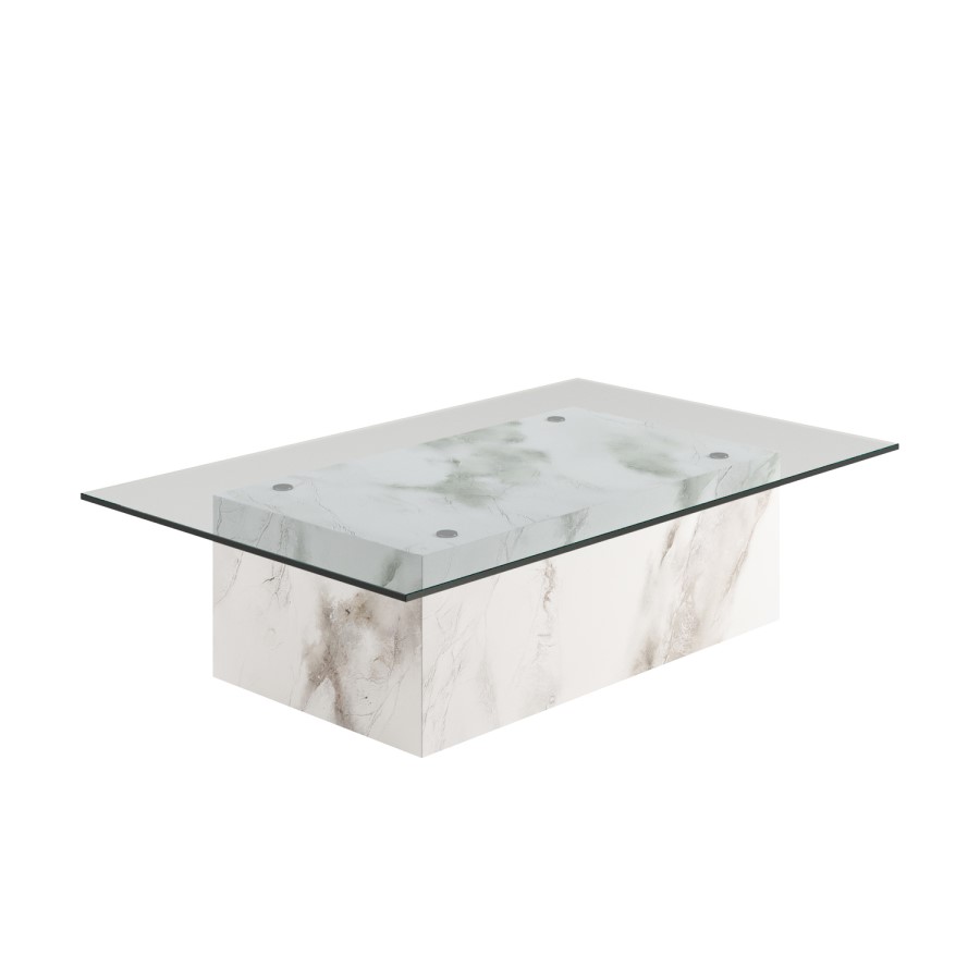 Large Rectangular Glass and White Marble Effect Coffee Table - Celine