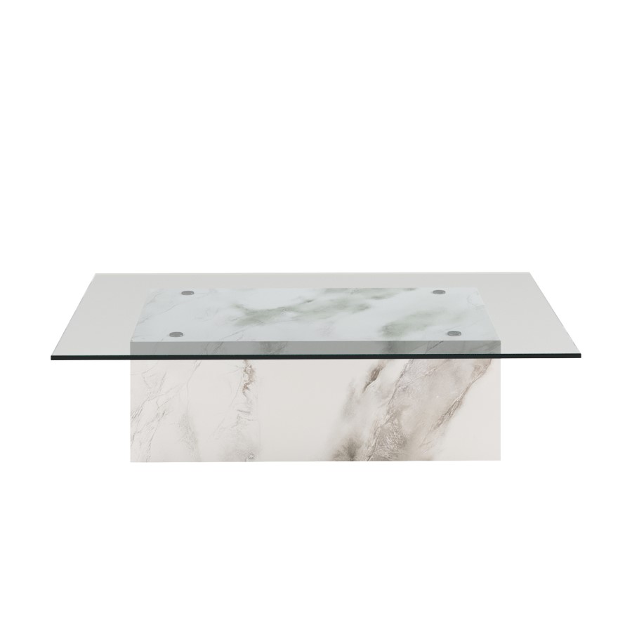 Large Rectangular Glass and White Marble Effect Coffee Table - Celine