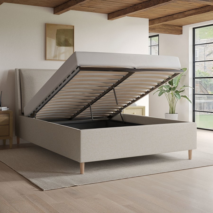 Beige Upholstered King Size Ottoman Bed with Pillow Headboard - Clifton