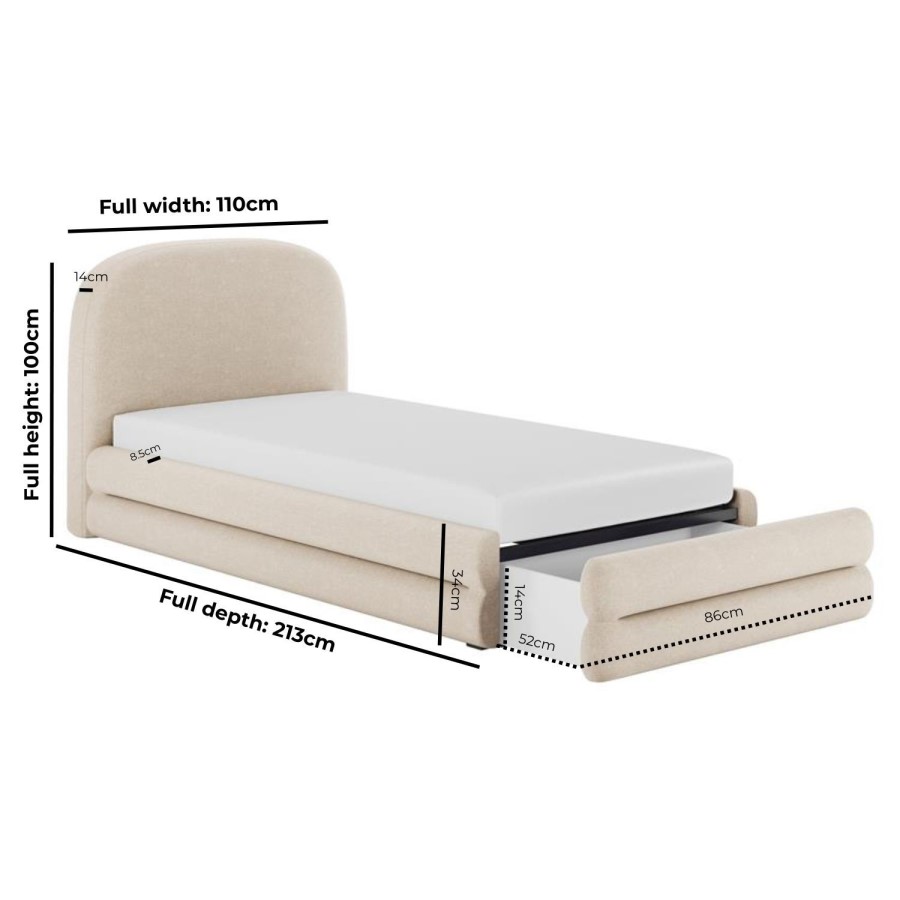 Cream Upholstered Single Bed Frame with Storage Drawer – Connie
