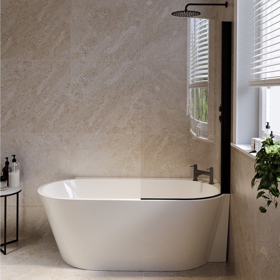Matt Black Hinged Shower Bath Screen 1450 x 730mm - For Cove & Lisbon Shower Baths