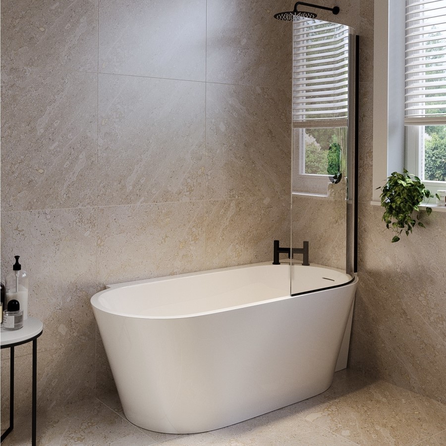 Matt Black Hinged Shower Bath Screen 1450 x 730mm - For Cove & Lisbon Shower Baths