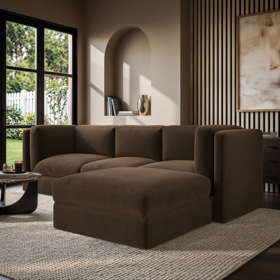 Brown Chenille 4 Seater Modular Chaise L-Shape Corner Sofa - Cameron