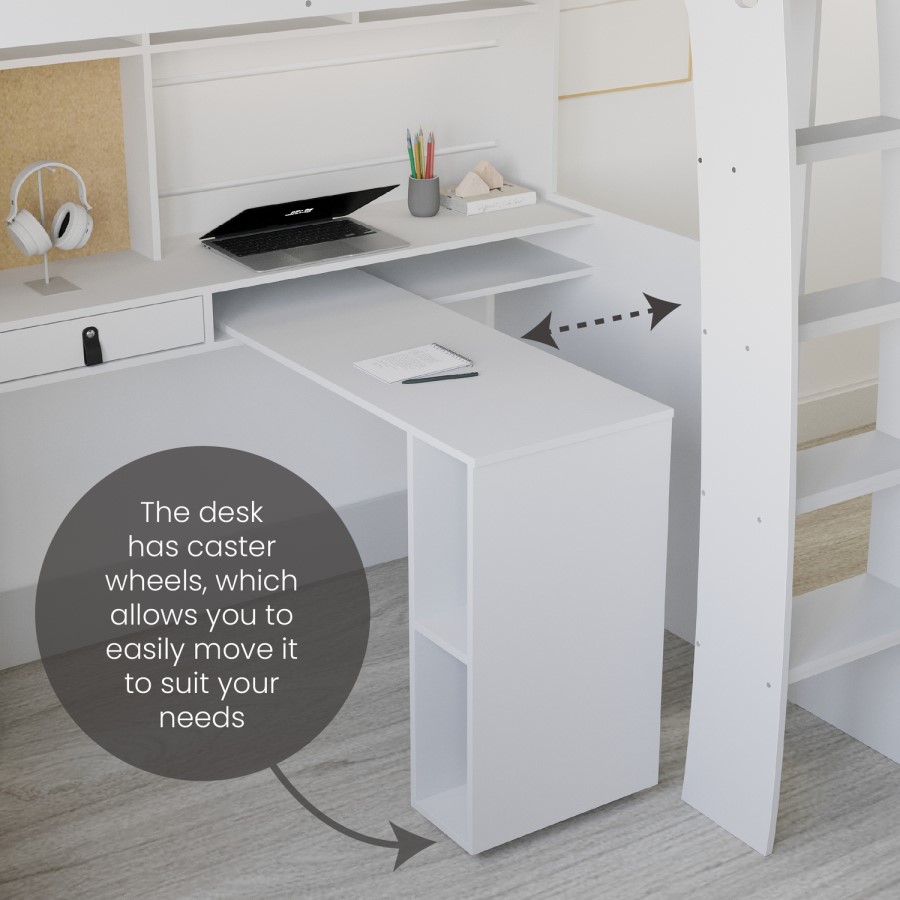 High Sleeper Loft Bed with Desk and Wardrobe in White - Carter