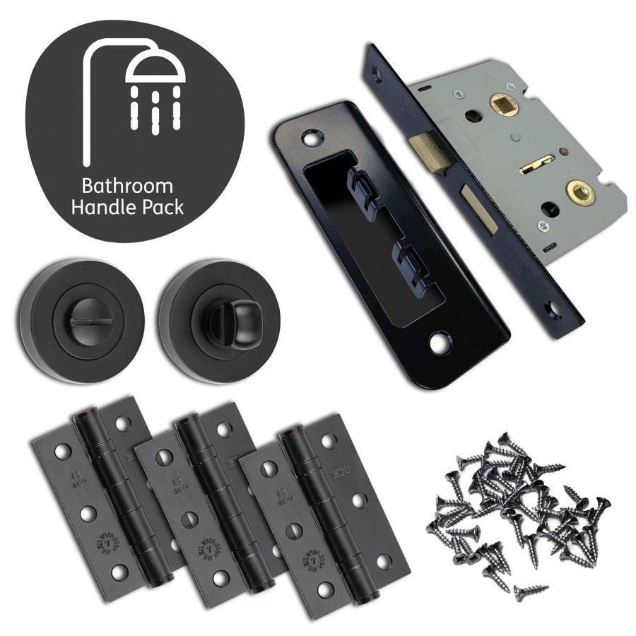 Internal Matt Black Bathroom Lever Door Handle with Lock, Latch and Hinges Pack - 65mm Latch - Curone - XL Joinery