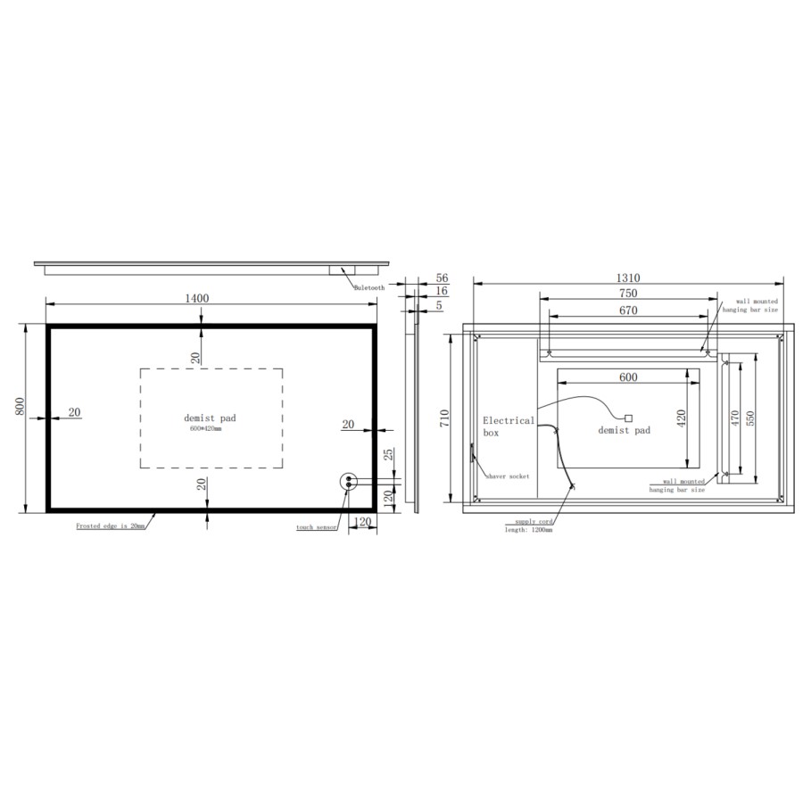 Rectangular Heated Bathroom Mirror with Lights Shaver Socket & Bluetooth Speaker 1400 x 800mm - Divine