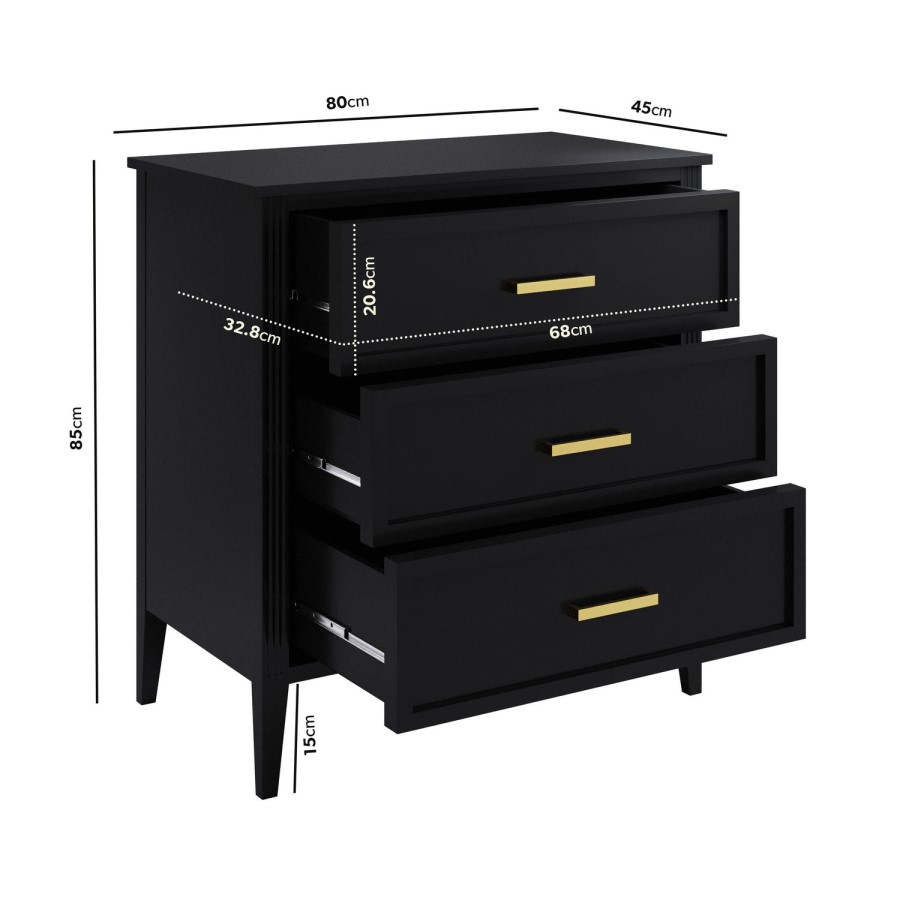 Black 3 Drawer Chest of Drawers - Delilah