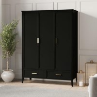Large Black 3 Door Triple Wardrobe with Drawers - Delilah