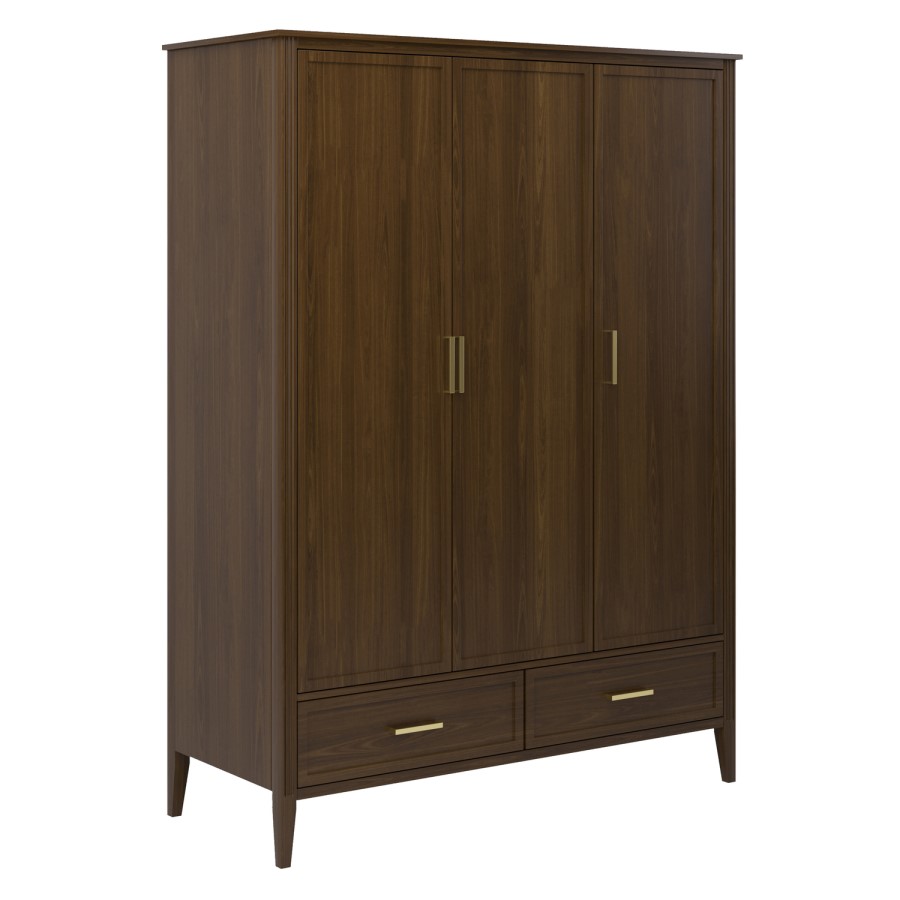 Large Walnut 3 Door Triple Wardrobe with Drawers - Delilah