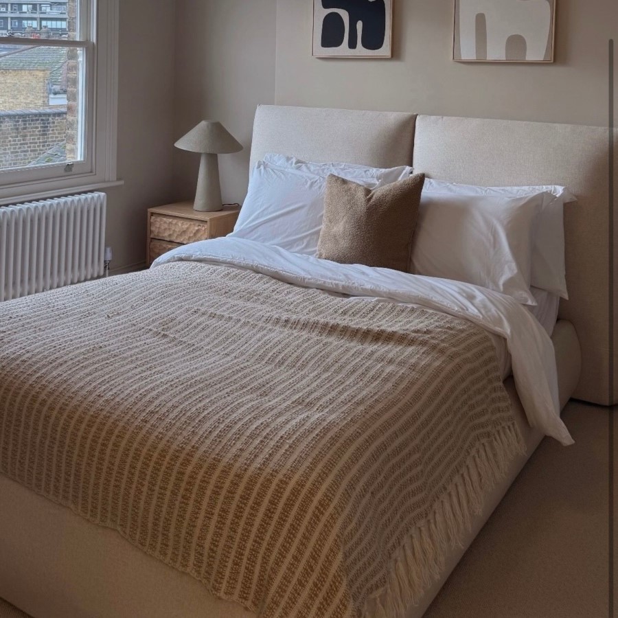Beige Linen King Size Ottoman Bed with Pillow Headboard - Dune