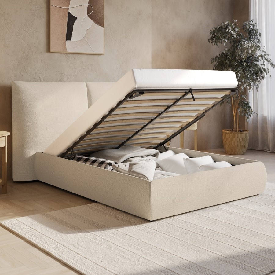 Beige Linen Super King Ottoman Bed with Pillow Headboard - Dune