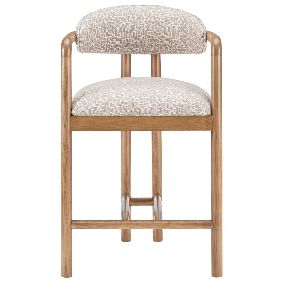 Set of 2 Beige Printed Upholstered Kitchen Stools with Solid Wood Exposed Back - Darla