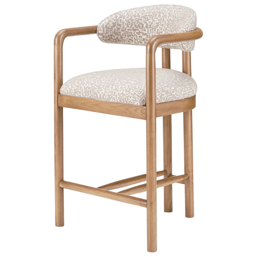 Set of 2 Beige Printed Upholstered Kitchen Stools with Solid Wood Exposed Back - Darla