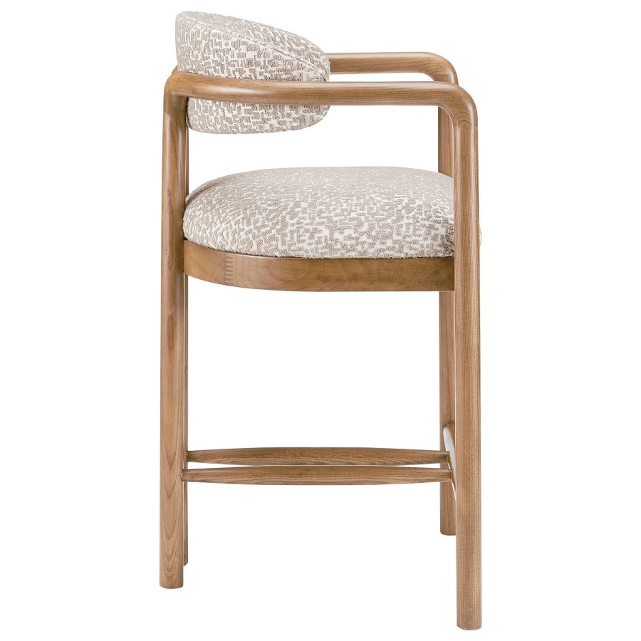 Set of 2 Beige Printed Upholstered Kitchen Stools with Solid Wood Exposed Back - Darla