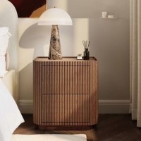 Walnut Ribbed 2 Drawer Bedside Table - Fully Assembled - Drew