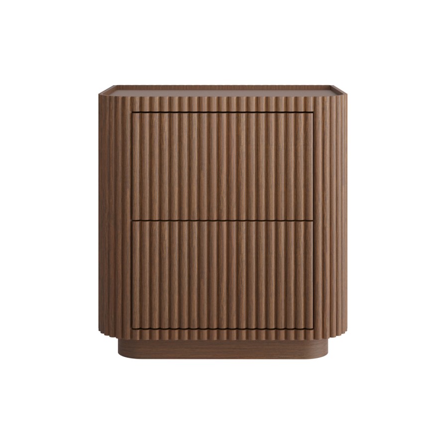 Walnut Ribbed 2 Drawer Bedside Table - Fully Assembled - Drew