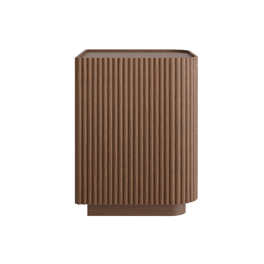 Walnut Ribbed 2 Drawer Bedside Table - Fully Assembled - Drew