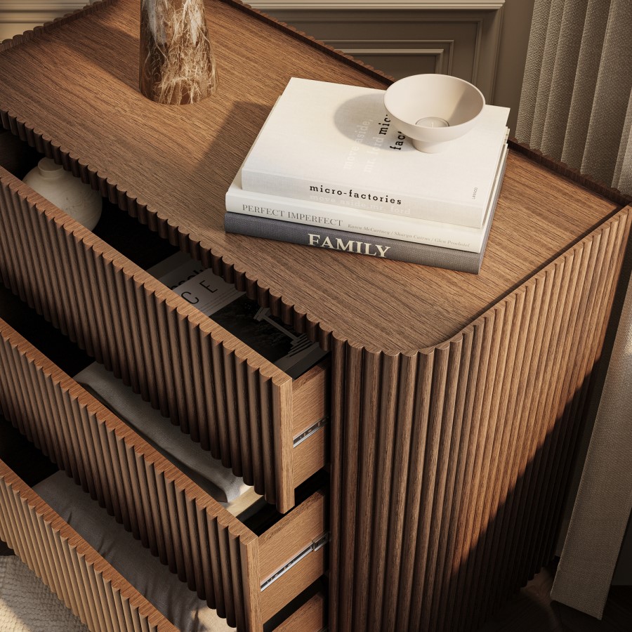 Walnut Ribbed 3 Drawer Chest of Drawers - Fully Assembled - Drew