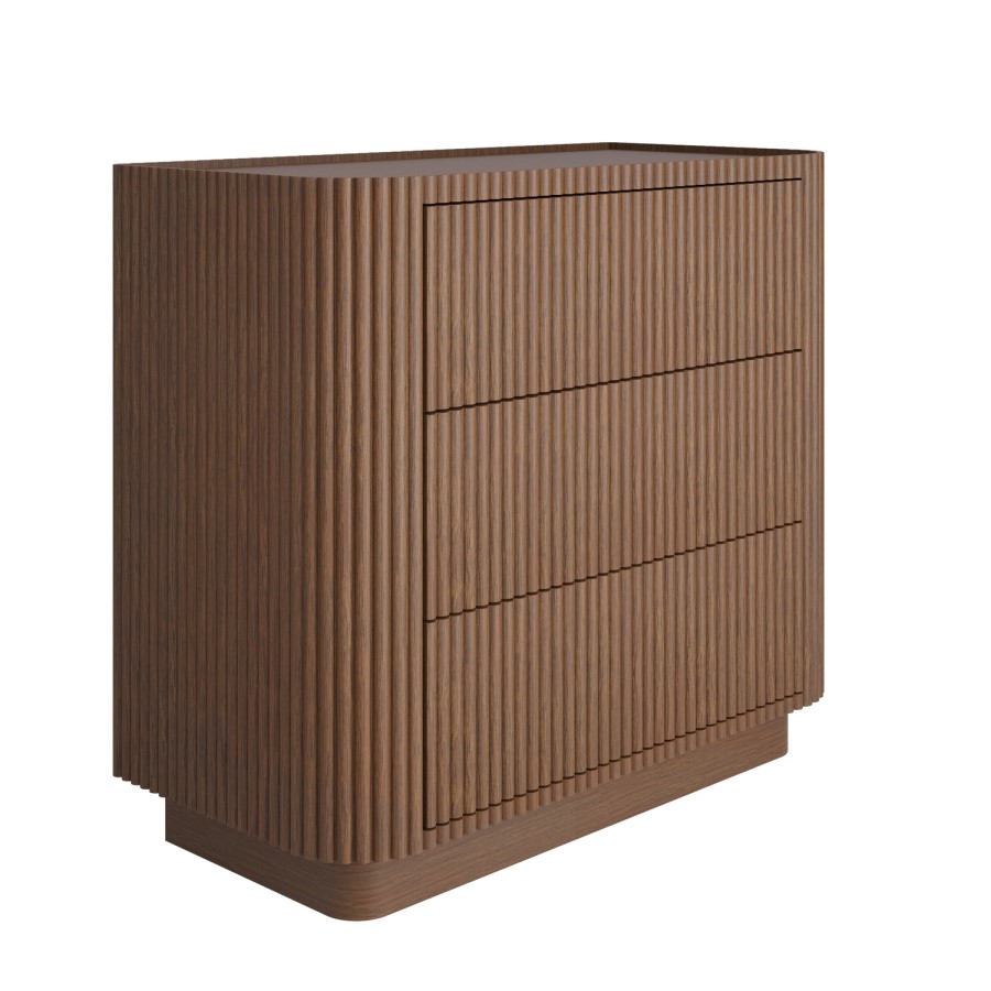 Walnut Ribbed 3 Drawer Chest of Drawers - Fully Assembled - Drew