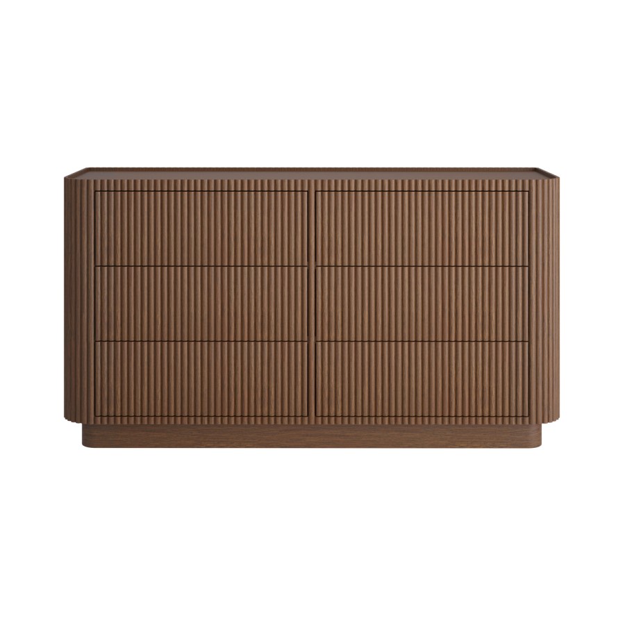 Wide Walnut Ribbed 6 Drawer Chest of Drawers - Fully Assembled - Drew