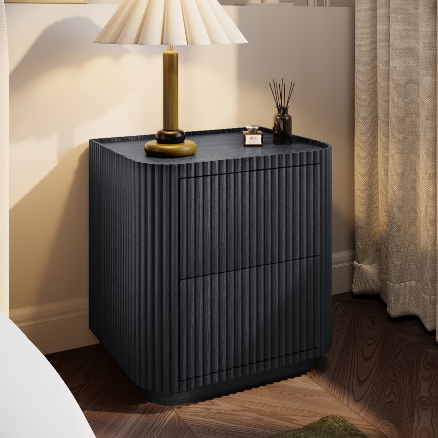 Black Ribbed 2 Drawer Bedside Table - Fully Assembled - Drew