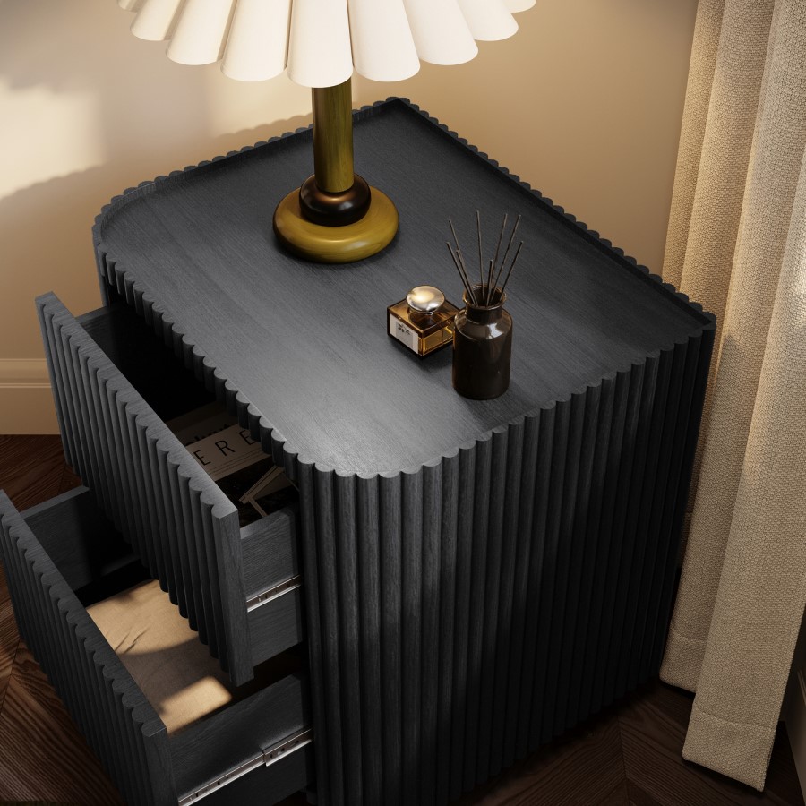 Black Ribbed 2 Drawer Bedside Table - Fully Assembled - Drew