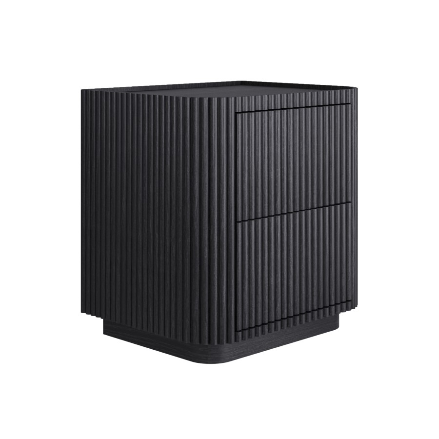 Black Ribbed 2 Drawer Bedside Table - Fully Assembled - Drew
