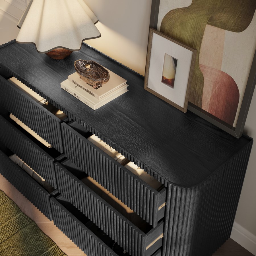 Black Ribbed 6 Drawer Large Chest of Drawers - Fully Assembled - Drew