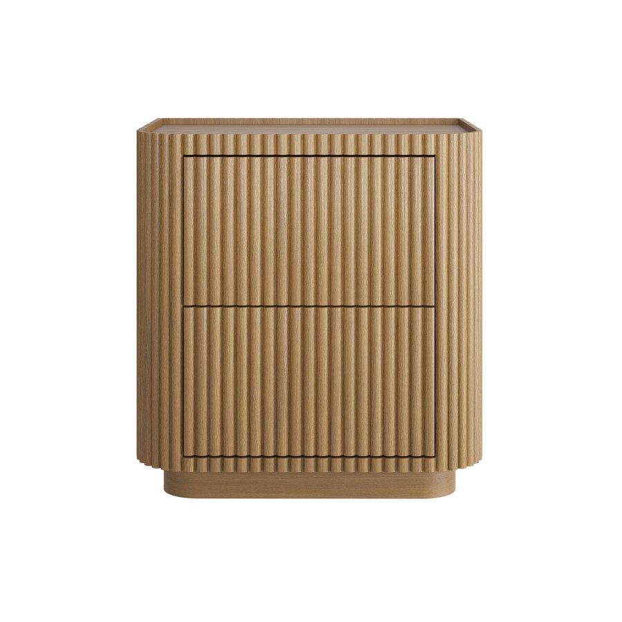 Natural Oak Ribbed 2 Drawer Bedside Table - Fully Assembled - Drew