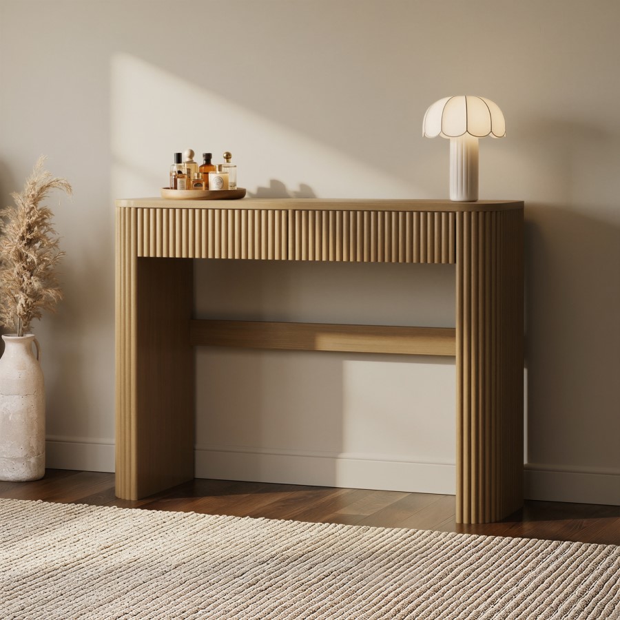 Natural Oak Ribbed Dressing Table with Drawers and Mirror - Drew