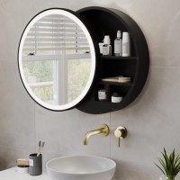 Black Sliding Bathroom Mirror Cabinet with Lights 600 x 600mm - Elara