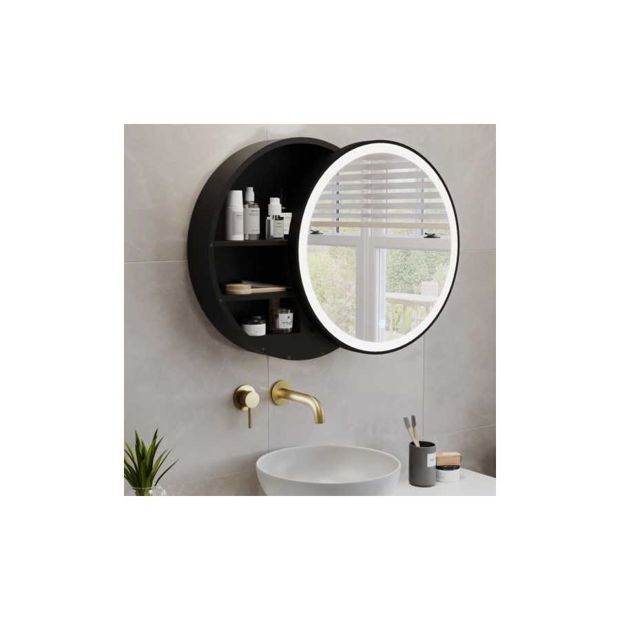 Black Sliding Bathroom Mirror Cabinet with Lights 600 x 600mm - Elara