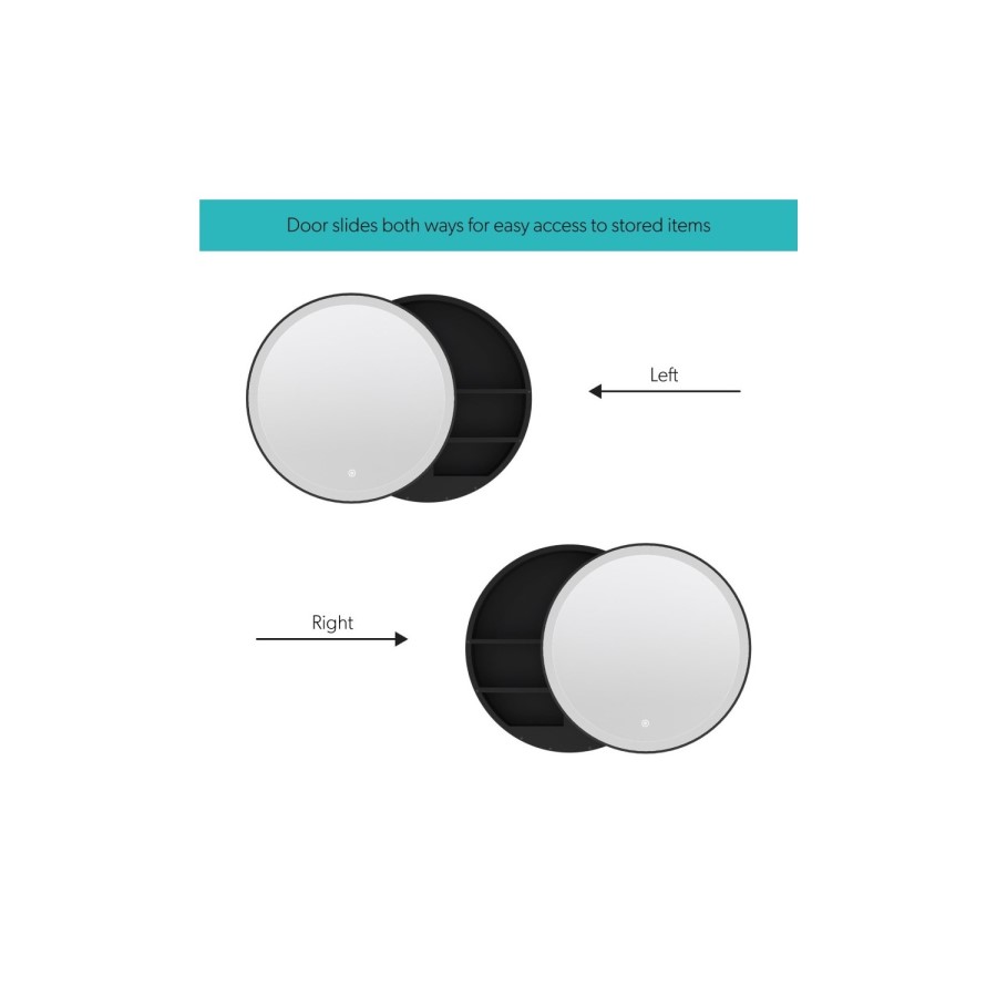 Black Sliding Bathroom Mirror Cabinet with Lights 600 x 600mm - Elara