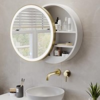 Brass Sliding Bathroom Mirror Cabinet with Lights 600 x 600mm - Elara