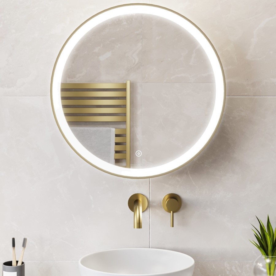 Brass Sliding Bathroom Mirror Cabinet with Lights 600 x 600mm - Elara